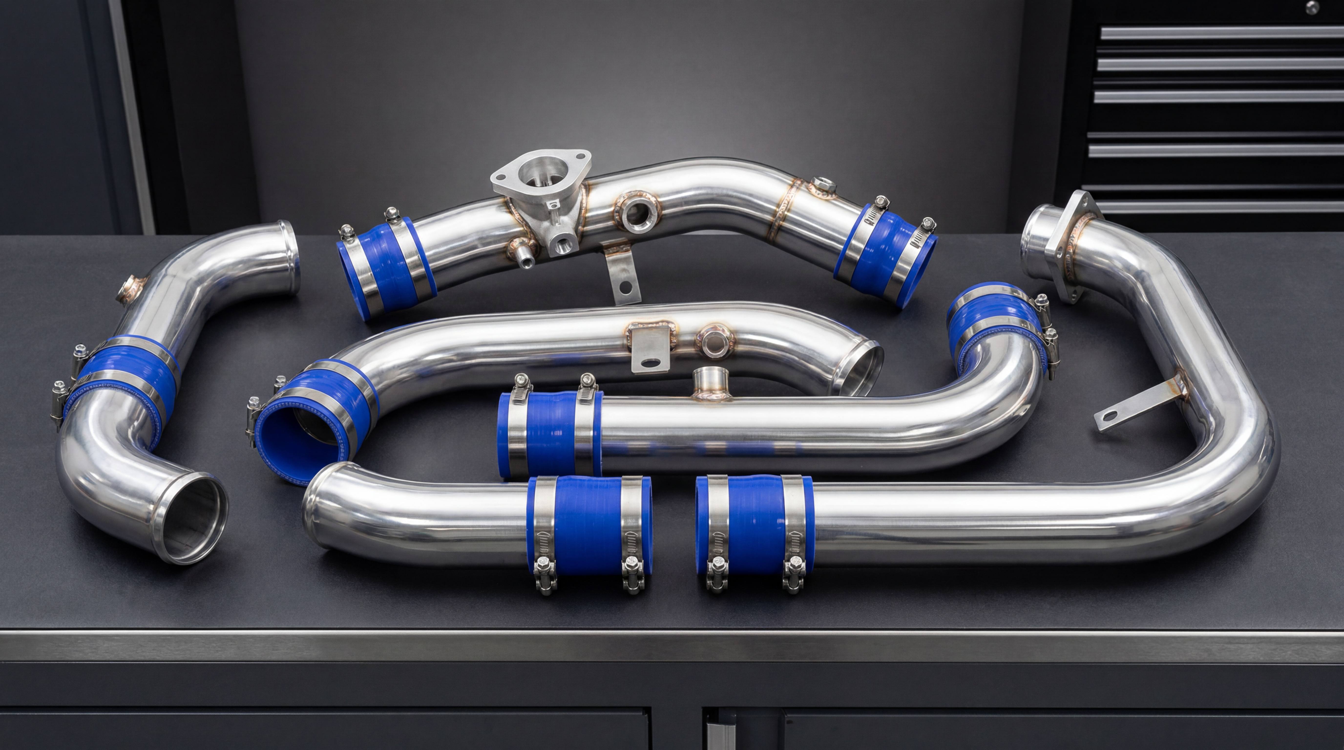 Turbo intake, charge pipe and intercooler piping kit with polished aluminum pipes, silicone couplers and clamps